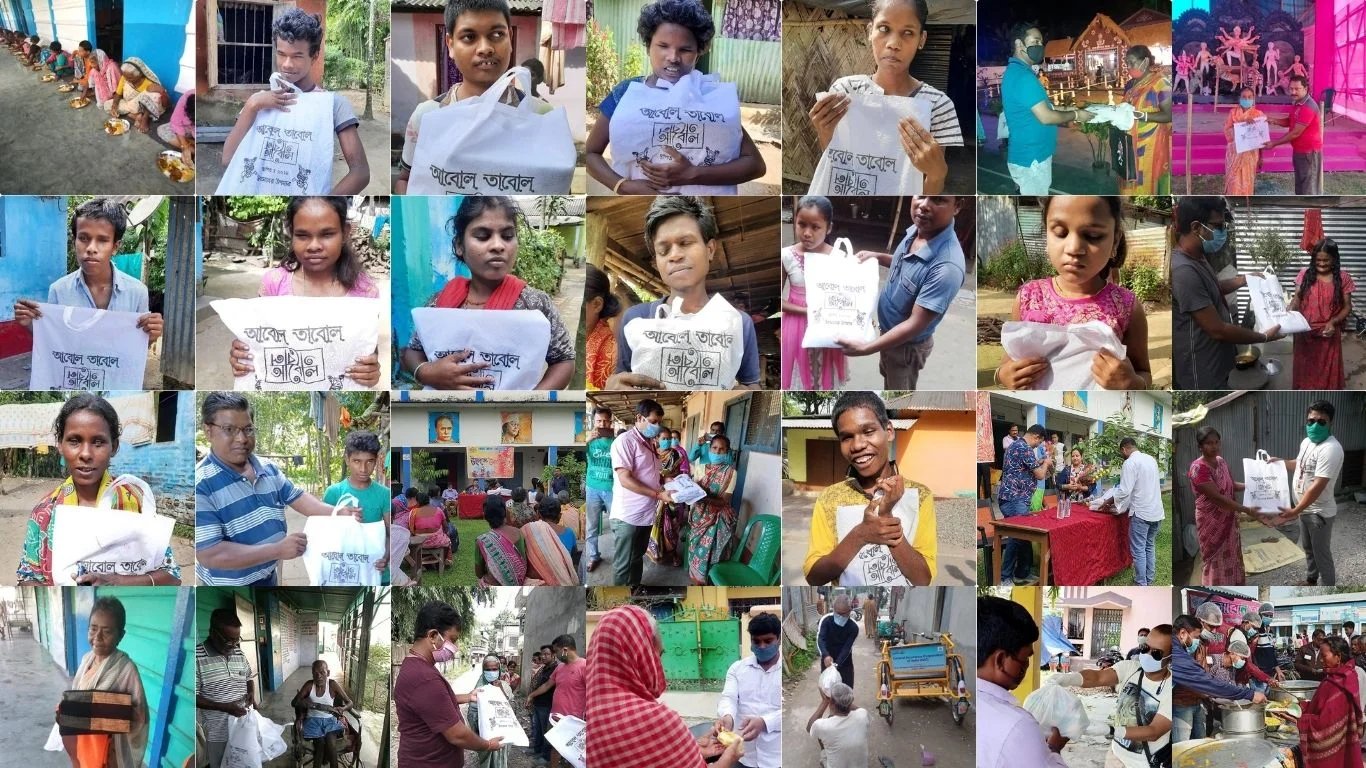 Community members across Dhupguri receiving Abol Tabol festival gift bags and meals